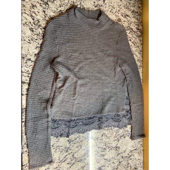 Womens Small Knit Top Gray Lace Trim Long Sleeves Lightweight High Neck Y2K - Picture 4 of 7